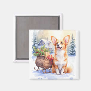 Cardigan Welsh Corgi Festive Sleigh Christmas Art Magnet