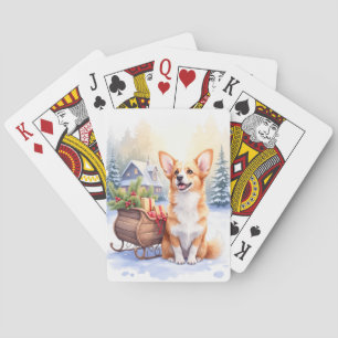 Cardigan Welsh Corgi Festive Sleigh Christmas Art Playing Cards