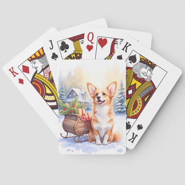 Cardigan Welsh Corgi Festive Sleigh Christmas Art Playing Cards (Back)