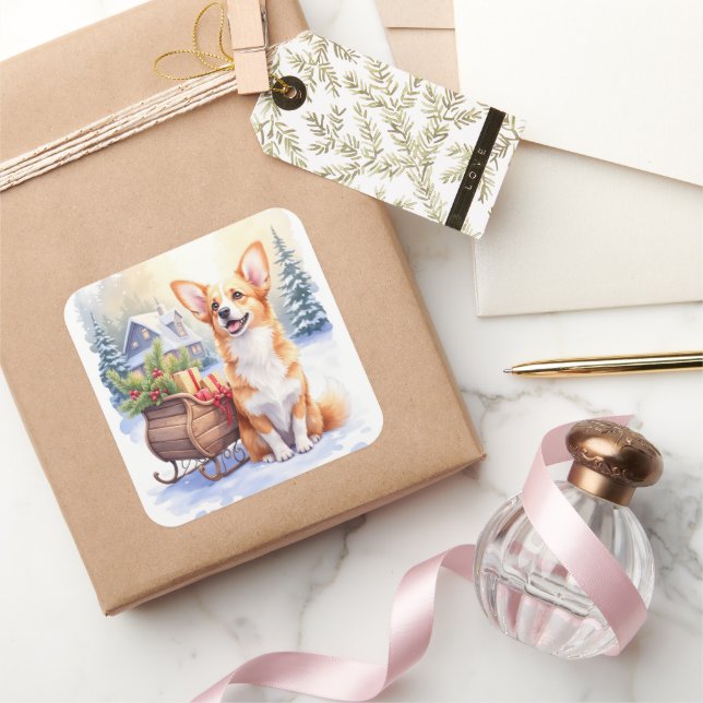 Cardigan Welsh Corgi Festive Sleigh Christmas Art Square Sticker (Gifting)