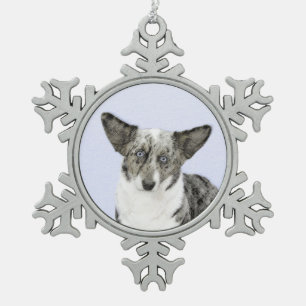 Cardigan Welsh Corgi Painting - Original Dog Art Snowflake Pewter Christmas Ornament