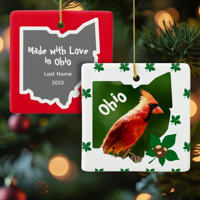 Cardinal and Buckeyes Ohio Christmas Ceramic Ornament (An Ohio Buckeye Christmas ornament with an Ohio map, custom text, and cardinal is one of a kind!)