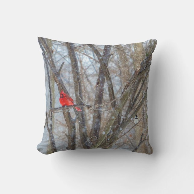 Cardinal and Chickadee Cushion (Front)