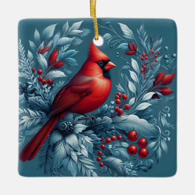 Cardinal and Christmas Holly Ceramic Ornament (Front)