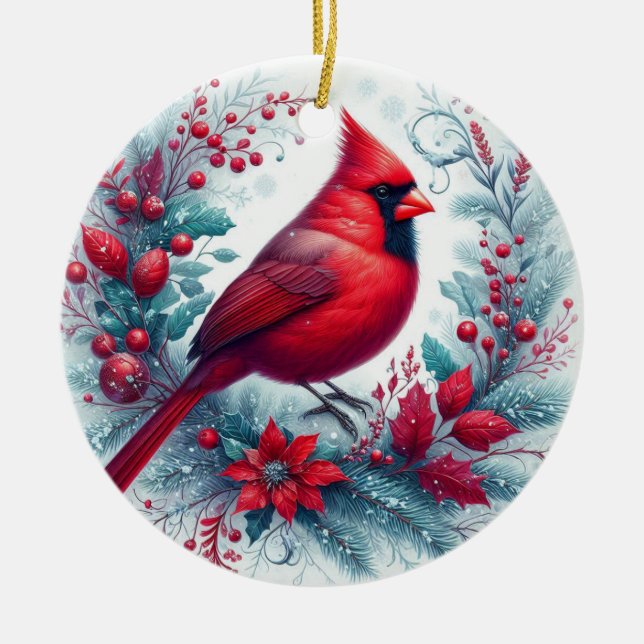 Cardinal and Christmas Holly Ceramic Tree Decoration (Front)