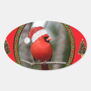 Cardinal and Christmas Trees on Red Background Oval Sticker