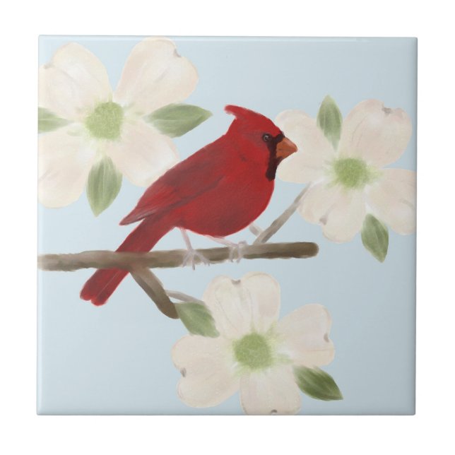Cardinal and Dogwood Watercolor Ceramic Tile (Front)