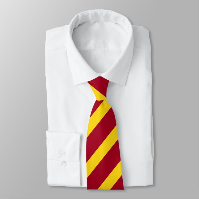 Cardinal and Gold Diagonally-Striped Tie (Tied)