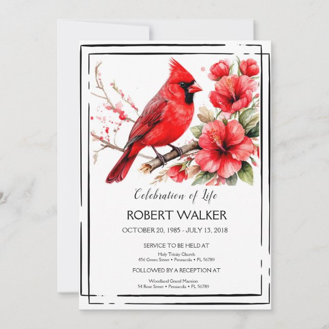 Cardinal and Hibiscus Life Tribute  Invitation (Front)