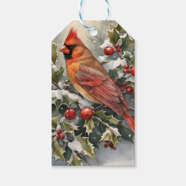 Cardinal and Holly Christmas Gift Tag (Front)