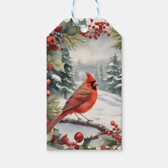 Cardinal and Holly Holiday Christmas Gift Tag (Front)