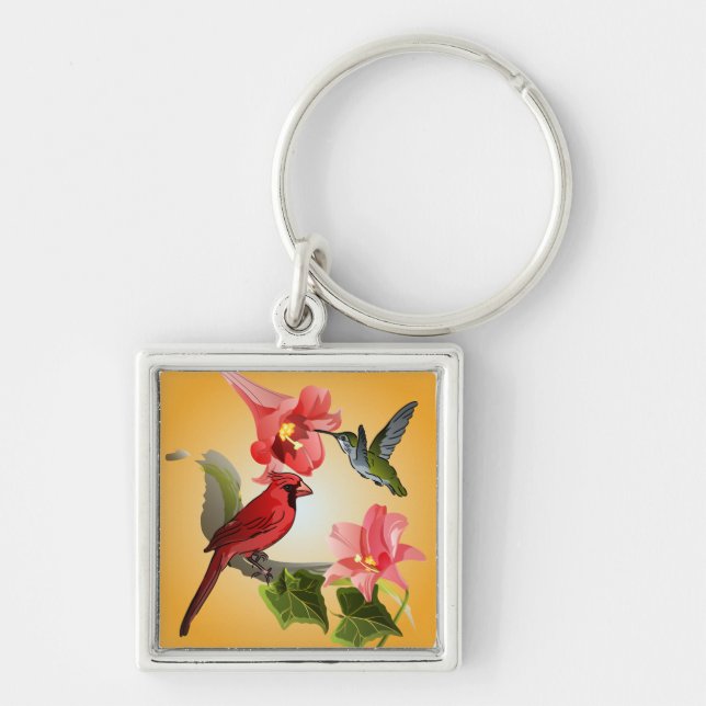 Cardinal and Hummingbird with Pink Lilies and Ivy Key Ring (Front)