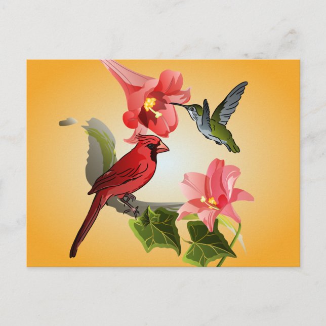 Cardinal and Hummingbird with Pink Lilies and Ivy Postcard (Front)