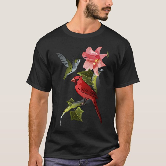 Cardinal And Hummingbird With Pink Lily And Ivy T-Shirt (Front)