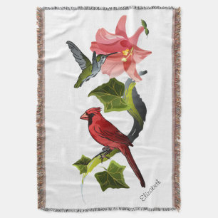 Cardinal and Hummingbird with Pink Lily and Ivy Throw Blanket