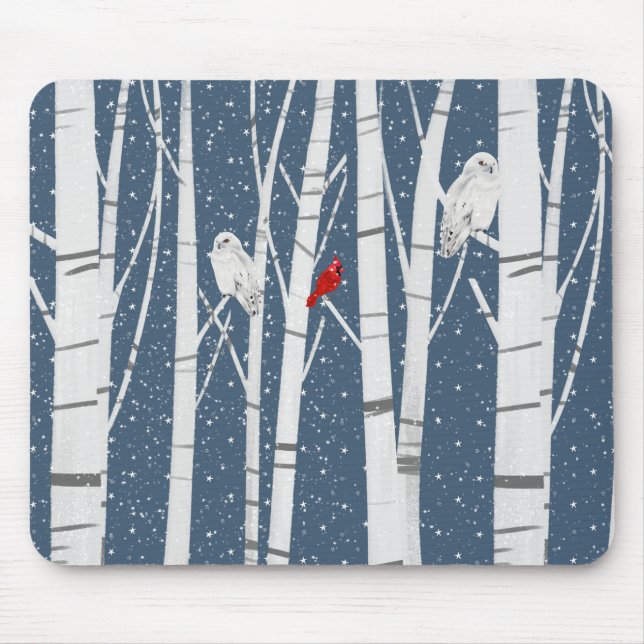 Cardinal and Owls In Snowflakes Mouse Mat (Front)
