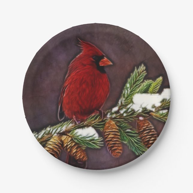 Cardinal and Pinecones Paper Plate (Front)
