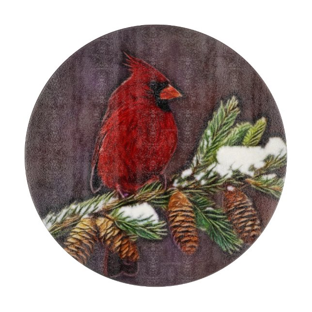 Cardinal and Snowy Pinecones Cutting Board (Front)