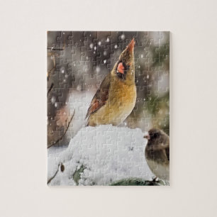 Cardinal And Sparrow In The Snow Jigsaw Puzzle