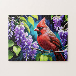 Cardinal and the Wisteria Flowers Jigsaw Puzzle
