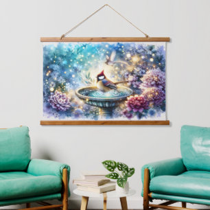 Cardinal at Birdbath Dreamy Garden Hanging Tapestry