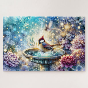 Cardinal at Birdbath Dreamy Garden Jigsaw Puzzle