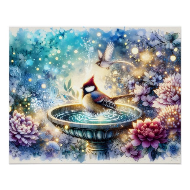 Cardinal at Birdbath Dreamy Garden Poster (Front)
