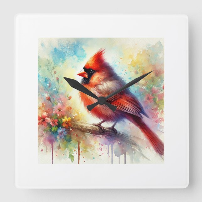 Cardinal Bird 091024AREF149 - Watercolor Square Wall Clock (Front)