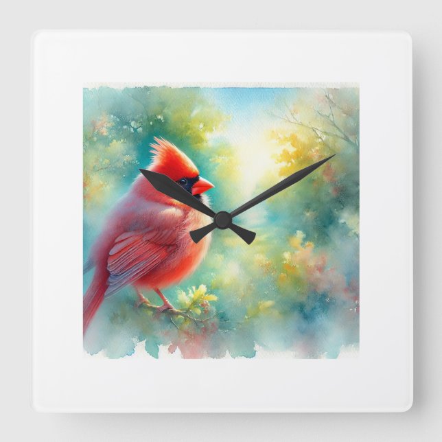 Cardinal Bird 300924AREF135 - Watercolor Square Wall Clock (Front)