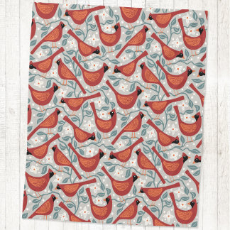 Cardinal Bird American Dogwood Flower Block Print Fleece Blanket
