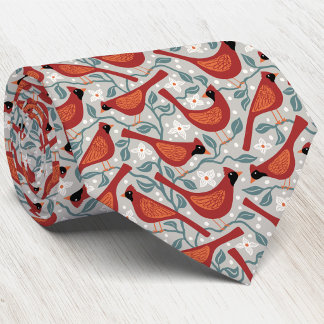 Cardinal Bird American Dogwood Flower Block Print Tie