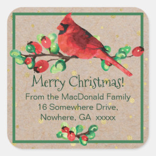 Cardinal Bird & Berries Lg. Square Address Sticker