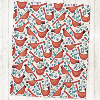 Cardinal Bird Blue Violet Flower Block Print Fleece Blanket