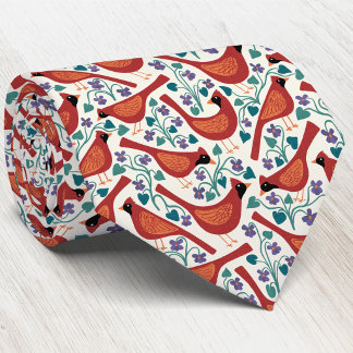 Cardinal Bird Blue Violet Flower Block Print Tie