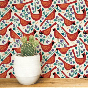 Cardinal Bird Blue Violet Flower Block Print Wallpaper