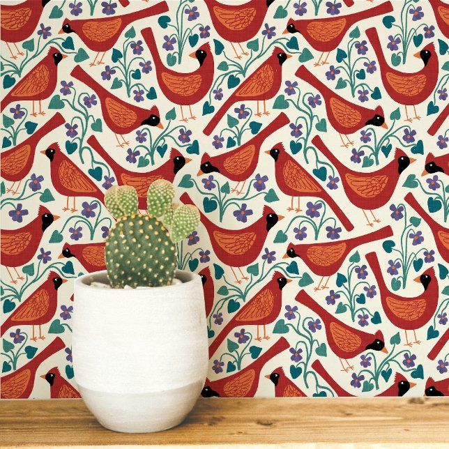 Cardinal Bird Blue Violet Flower Block Print Wallpaper (Northern red cardinal bird blue violet flower block print heritage arts and crafts style wallpaper)