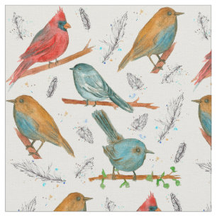 Cardinal Bird Chickadee Bluebird Watercolor Art Fabric