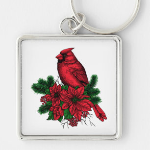 Cardinal bird, Christmas illustration Key Ring
