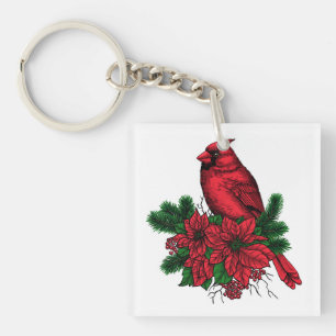 Cardinal bird, Christmas illustration Key Ring