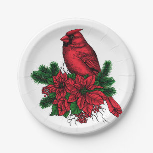 Cardinal bird, Christmas illustration Paper Plate