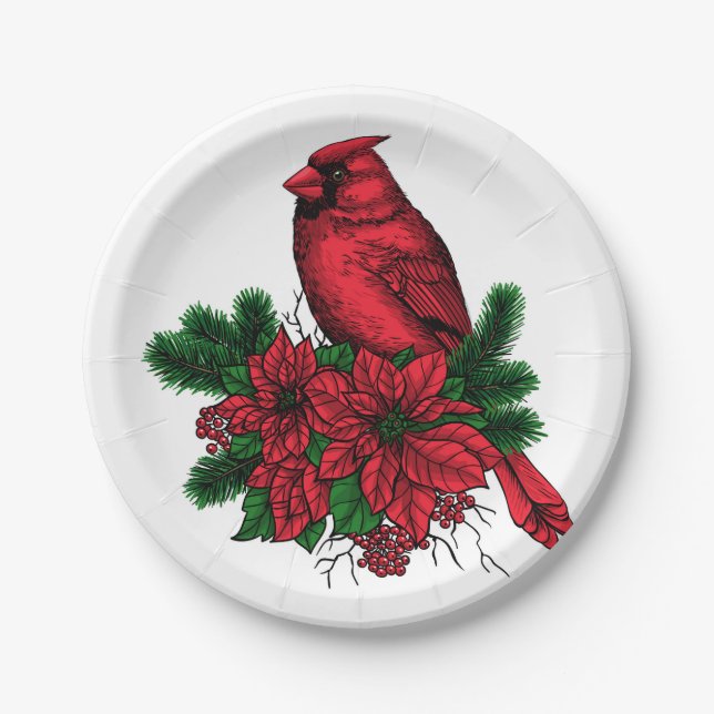 Cardinal bird, Christmas illustration Paper Plate (Front)