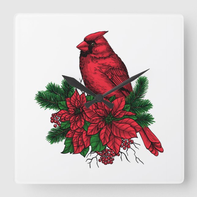Cardinal bird, Christmas illustration Square Wall Clock (Front)