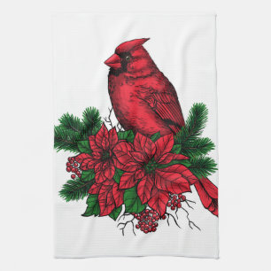 Cardinal bird, Christmas illustration Tea Towel