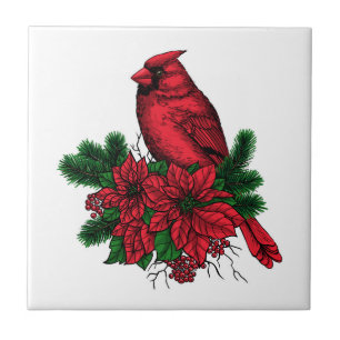 Cardinal bird, Christmas illustration Tile