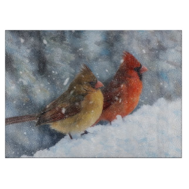 Cardinal Bird Couple in Snow Art Glass Cutting Board (Front)