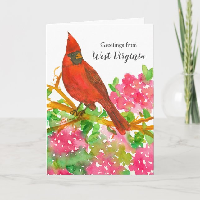 Cardinal Bird Greetings From West Virginia Flowers Card (Front)