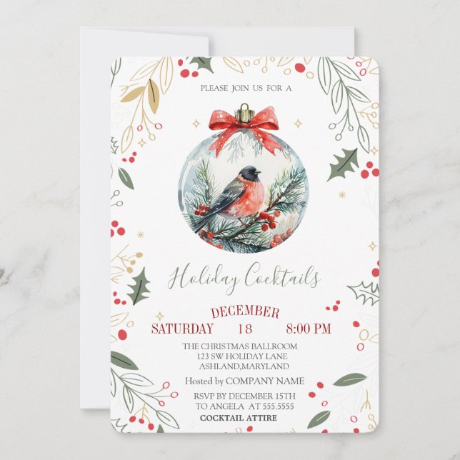 Cardinal Bird Holly Berry Ball Company Christmas Invitation (Front)
