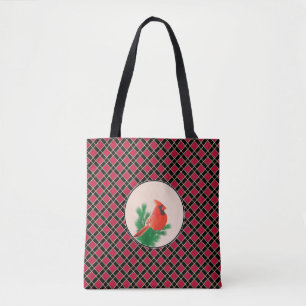 Cardinal bird on black and red chequered tote bag