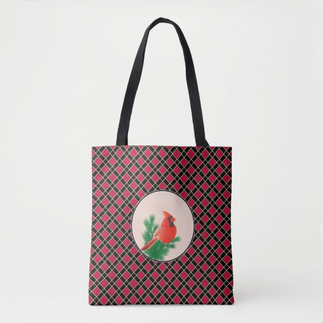 Cardinal bird on black and red chequered tote bag (Front)