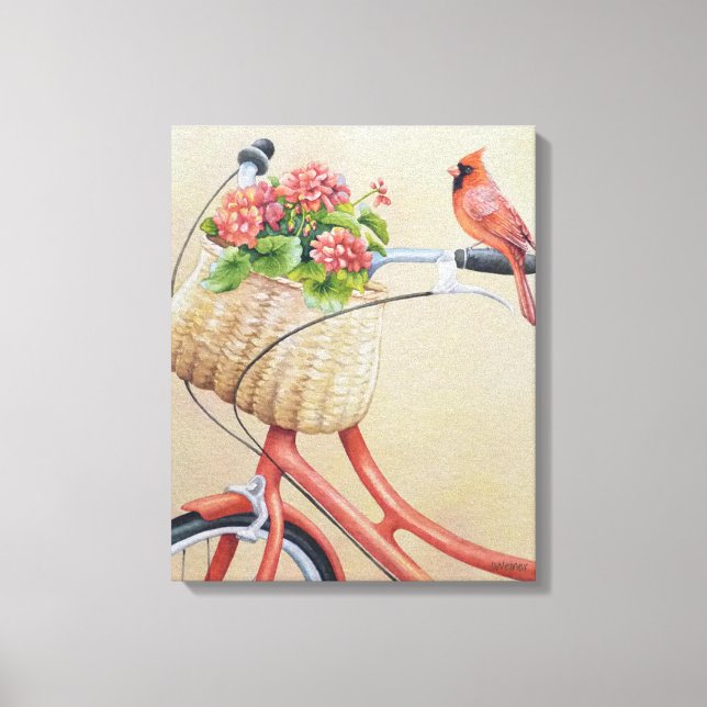 Cardinal Bird Perched on Bicycle Watercolor Art Canvas Print (Front)